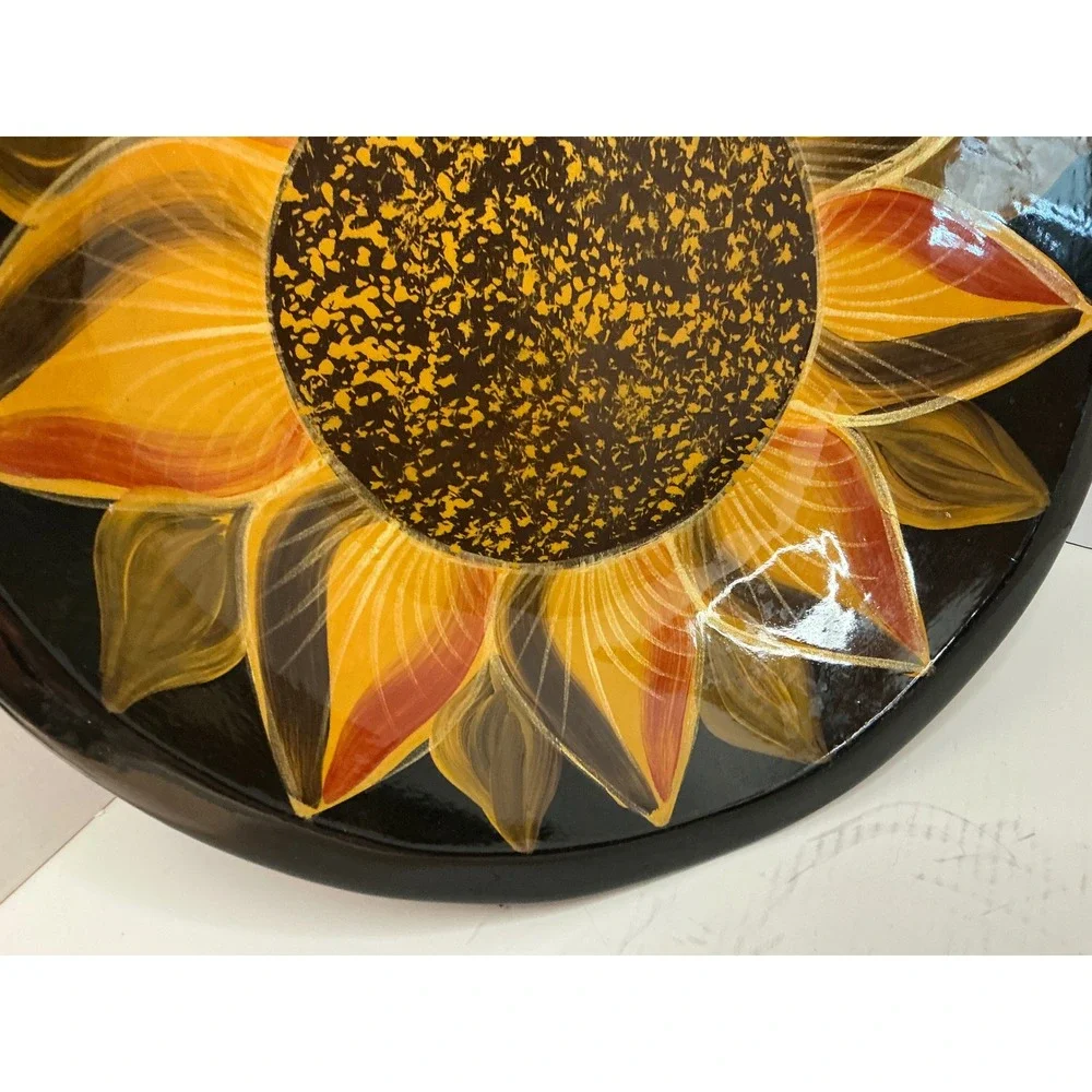 Vintage Sunflower Decorative Bowl Hand Painted Floral Glossy Black 11 Inch